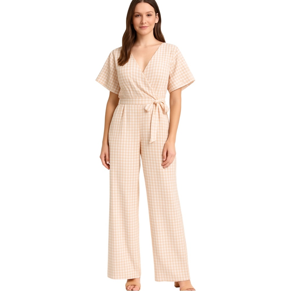 NWT Alex Marie Juliana Linen Wide Leg Tie Jumper in Sand Gingham Print, size 12